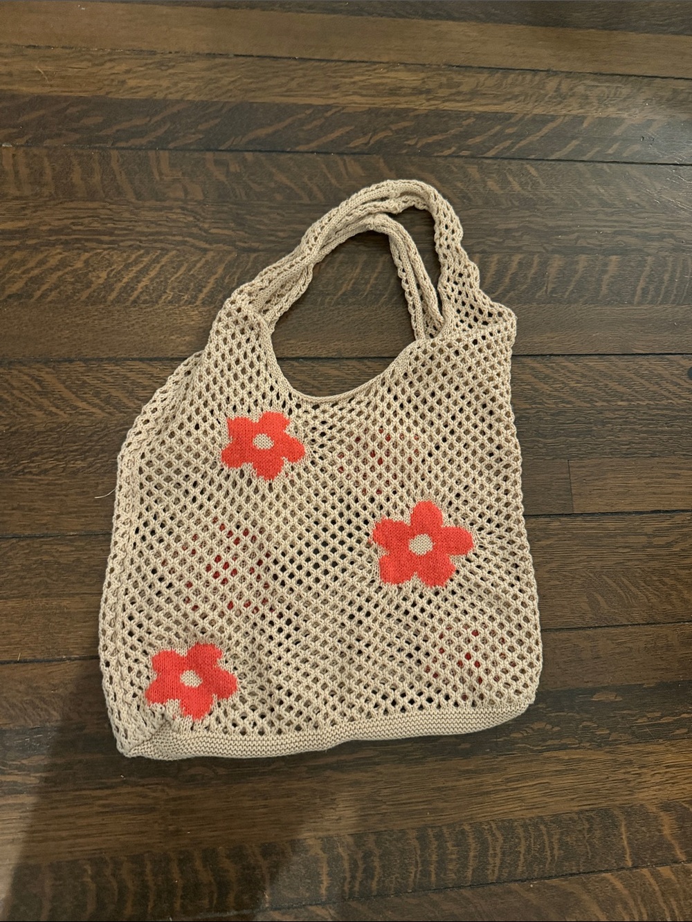 Beige Crochet Mesh Tote Bag with peachy Flower Accents new!